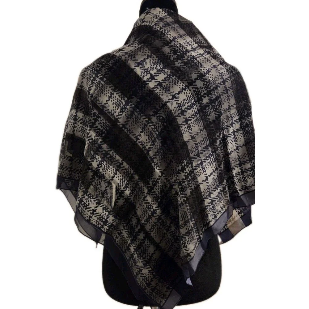 Ellen Tracy Unisex Silk Satin Plaid Square Scarf in Blue Gray Black